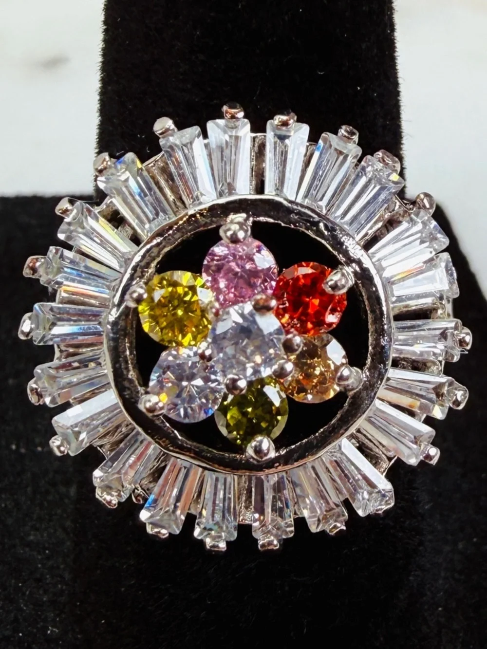 Pretty silvertone, multi colored bling size 6 3/4 statement ring